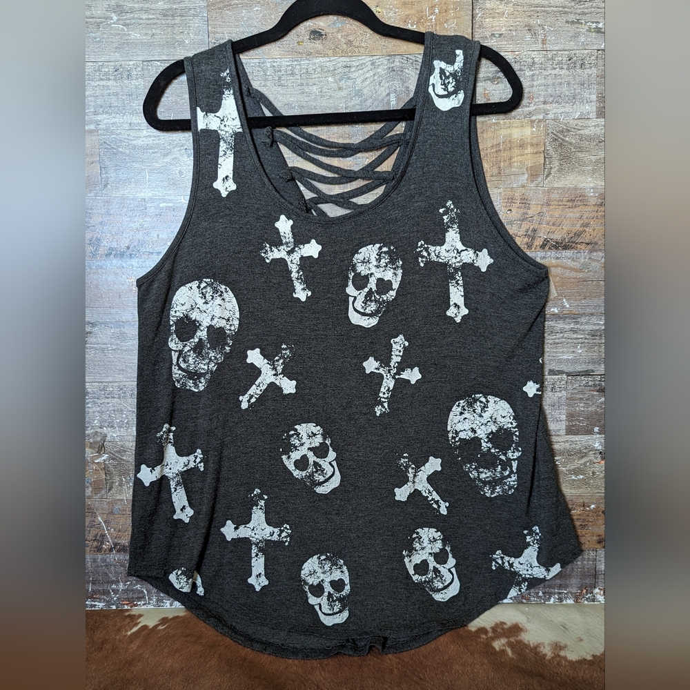 French Pastry Blk/White Skull/Cross Hi/Lo Criss Cross Back Sleeveless Tunic